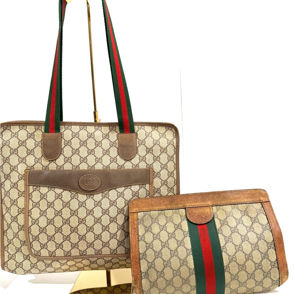 Gucci Brown GG Supreme Canvas Web Tote Bag and Clutch